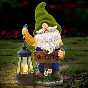 Christmas Garden Gnomes Outdoor - Flocked Gnome Statue Holding Lantern
